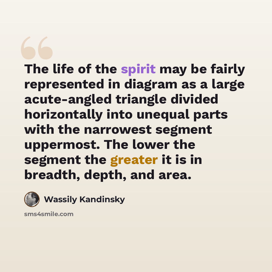 “The life of the spirit may be fairly represented in diagram as a large acute-angled triangle divided horizontally into unequal parts with the narrowest segment uppermost. The lower the segment the greater it is in breadth, depth, and area.” quote by Wassily Kandinsky