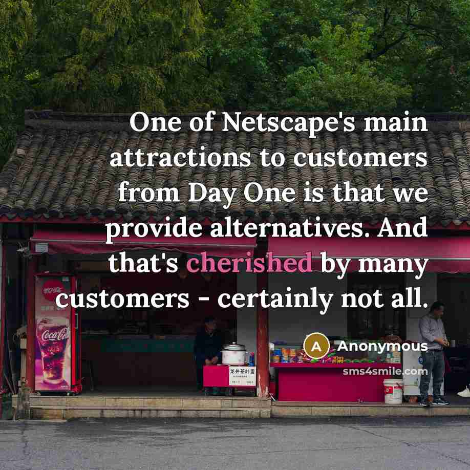 “One of Netscape's main attractions to customers from Day One is that we provide alternatives. And that's cherished by many customers - certainly not all.” quote by Anonymous