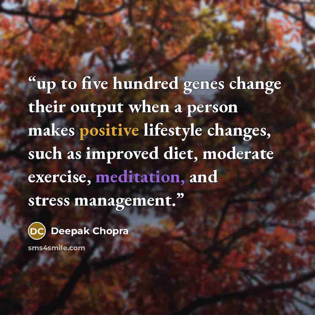 “up to five hundred genes change their output when a person makes positive lifestyle changes, such as improved diet, moderate exercise, meditation, and stress management.” quote by Deepak Chopra