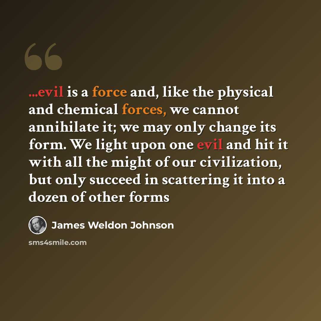 “...evil is a force and, like the physical and chemical forces, we cannot annihilate it; we may only change its form. We light upon one evil and hit it with all the might of our civilization, but only succeed in scattering it into a dozen of other forms” quote by James Weldon Johnson