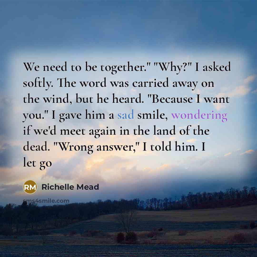 “We need to be together." "Why?" I asked softly. The word was carried away on the wind, but he heard. "Because I want you." I gave him a sad smile, wondering if we'd meet again in the land of the dead. "Wrong answer," I told him. I let go” quote by Richelle Mead