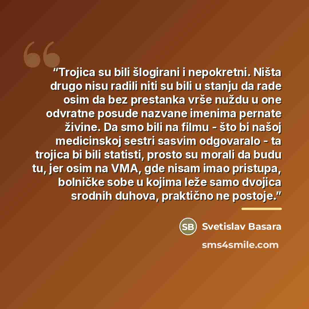 “Trojica su bili šlogirani i nepokretni. Ništa drugo nisu radili niti su bili u stanju da rade osim da bez prestanka vrše nuždu u one odvratne posude nazvane imenima pernate živine. Da smo bili na filmu - što bi našoj medicinskoj sestri sasvim odgovaralo - ta trojica bi bili statisti, prosto su…” quote by Svetislav Basara