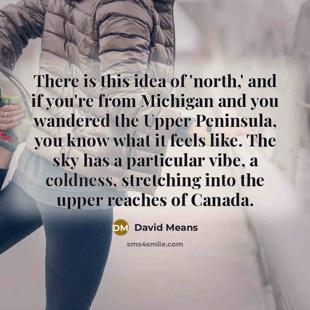 “There is this idea of 'north,' and if you're from Michigan and you wandered the Upper Peninsula, you know what it feels like. The sky has a particular vibe, a coldness, stretching into the upper reaches of Canada.” quote by David Means
