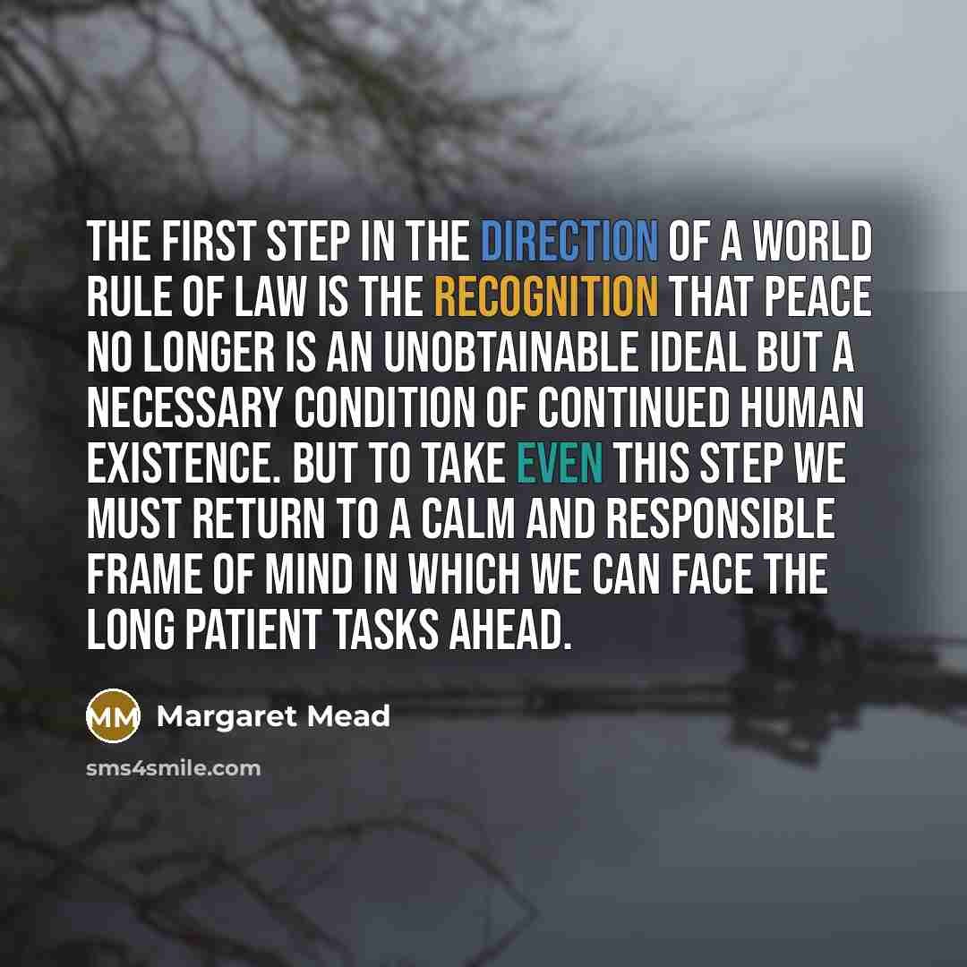 “The first step in the direction of a world rule of law is the recognition that peace no longer is an unobtainable ideal but a necessary condition of continued human existence. But to take even this step we must return to a calm and responsible frame of mind in which we can face the long patient…” quote by Margaret Mead