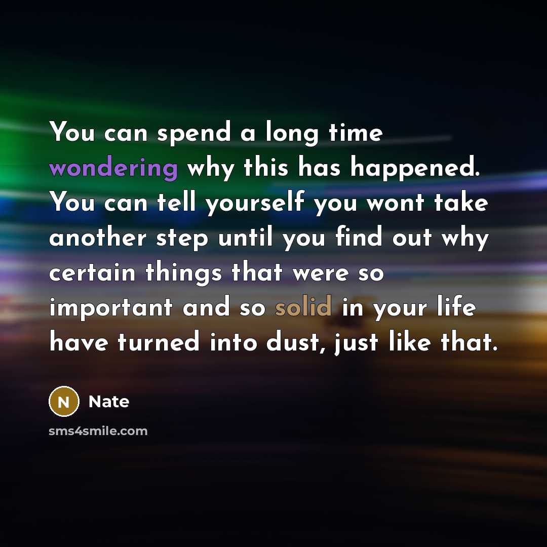 “You can spend a long time wondering why this has happened. You can tell yourself you wont take another step until you find out why certain things that were so important and so solid in your life have turned into dust, just like that.” quote by Nate