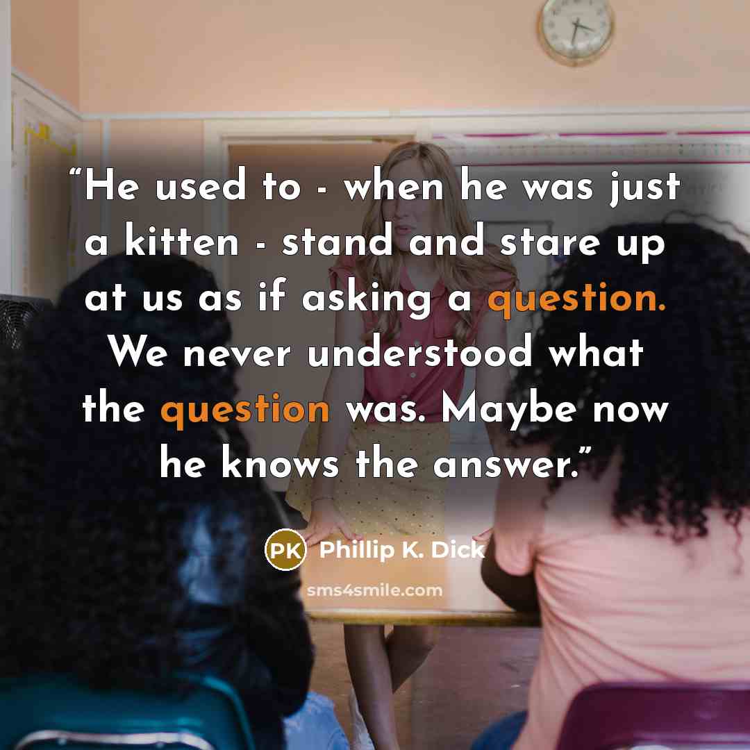 “He used to - when he was just a kitten - stand and stare up at us as if asking a question. We never understood what the question was. Maybe now he knows the answer.” quote by Phillip K. Dick