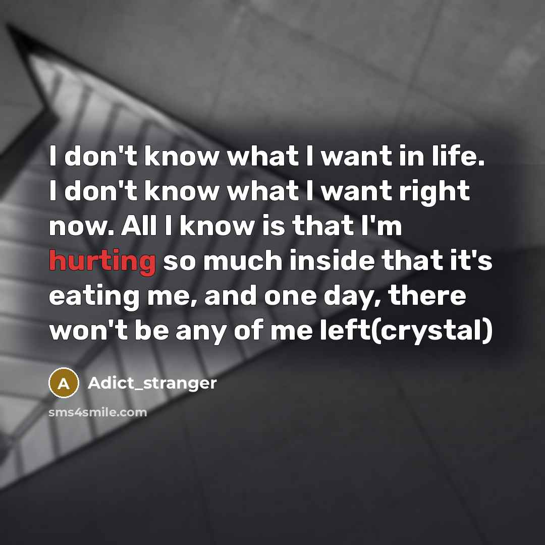 “I don't know what I want in life. I don't know what I want right now. All I know is that I'm hurting so much inside that it's eating me, and one day, there won't be any of me left(crystal)” quote by Adict_stranger