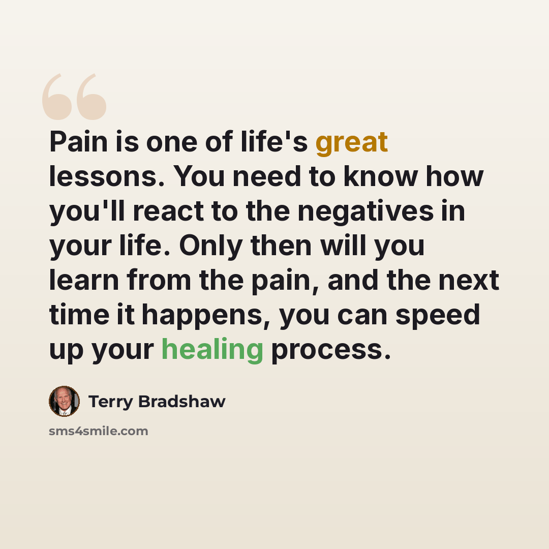 “Pain is one of life's great lessons. You need to know how you'll react to the negatives in your life. Only then will you learn from the pain, and the next time it happens, you can speed up your healing process.” quote by Terry Bradshaw