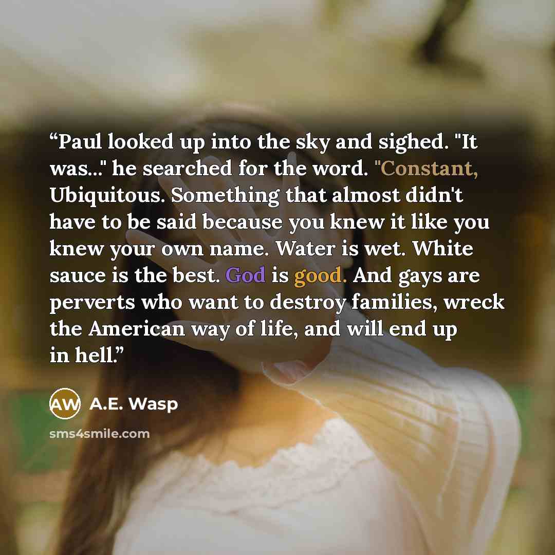“Paul looked up into the sky and sighed. "It was..." he searched for the word. "Constant, Ubiquitous. Something that almost didn't have to be said because you knew it like you knew your own name. Water is wet. White sauce is the best. God is good. And gays are perverts who want to destroy families…” quote by A.E. Wasp