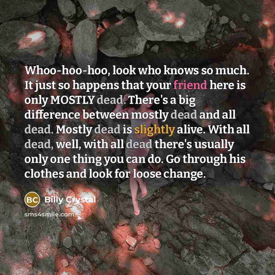 “Whoo-hoo-hoo, look who knows so much. It just so happens that your friend here is only MOSTLY dead. There's a big difference between mostly dead and all dead. Mostly dead is slightly alive. With all dead, well, with all dead there's usually only one thing you can do. Go through his clothes and…” quote by Billy Crystal