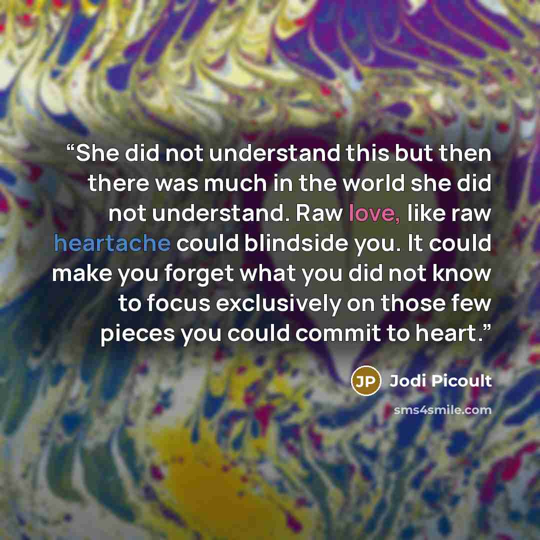 “She did not understand this but then there was much in the world she did not understand. Raw love, like raw heartache could blindside you. It could make you forget what you did not know to focus exclusively on those few pieces you could commit to heart.” quote by Jodi Picoult