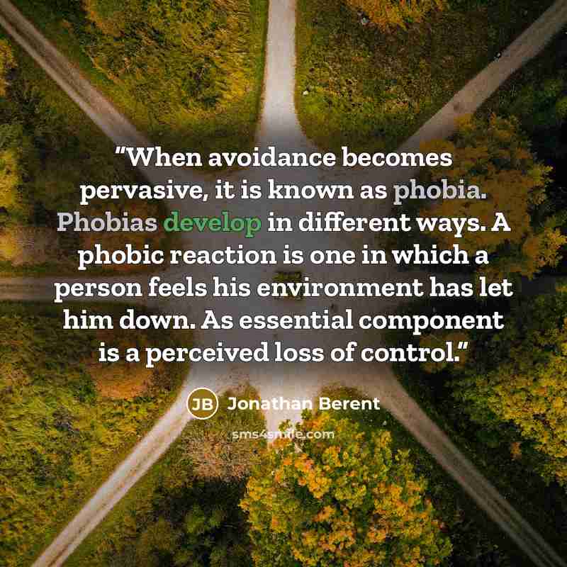 “When avoidance becomes pervasive, it is known as phobia. Phobias develop in different ways. A phobic reaction is one in which a person feels his environment has let him down. As essential component is a perceived loss of control.” quote by Jonathan Berent