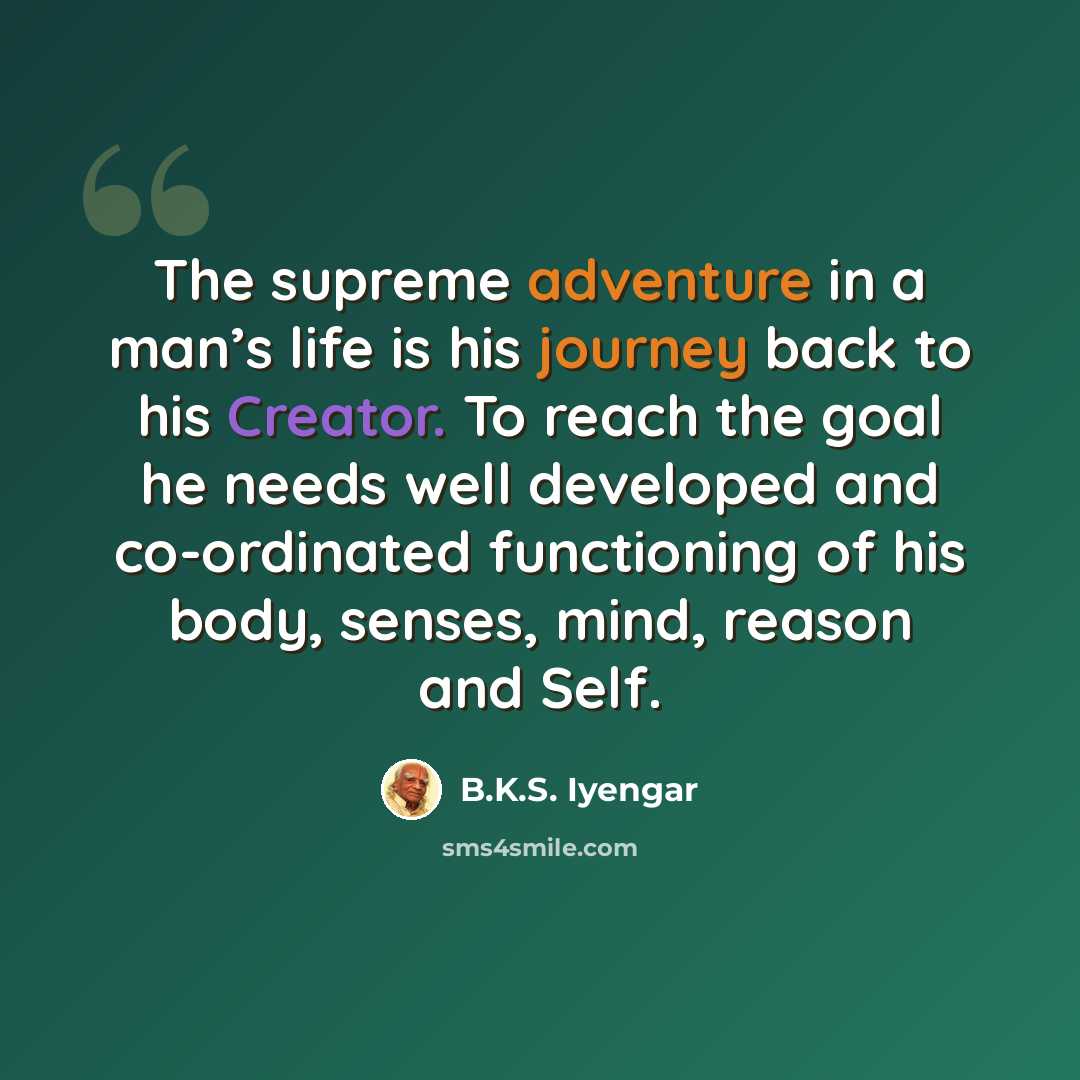 “The supreme adventure in a man’s life is his journey back to his Creator. To reach the goal he needs well developed and co-ordinated functioning of his body, senses, mind, reason and Self.” quote by B.K.S. Iyengar