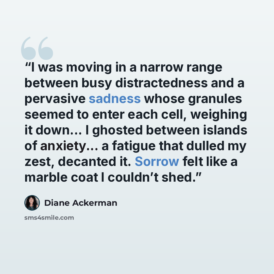 “I was moving in a narrow range between busy distractedness and a pervasive sadness whose granules seemed to enter each cell, weighing it down... I ghosted between islands of anxiety... a fatigue that dulled my zest, decanted it. Sorrow felt like a marble coat I couldn’t shed.” quote by Diane Ackerman