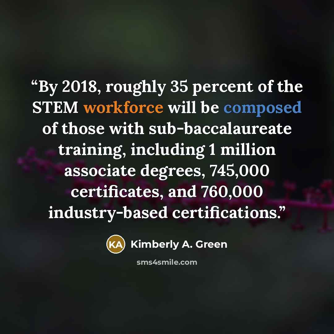 “By 2018, roughly 35 percent of the STEM workforce will be composed of those with sub-baccalaureate training, including 1 million associate degrees, 745,000 certificates, and 760,000 industry-based certifications.” quote by Kimberly A. Green