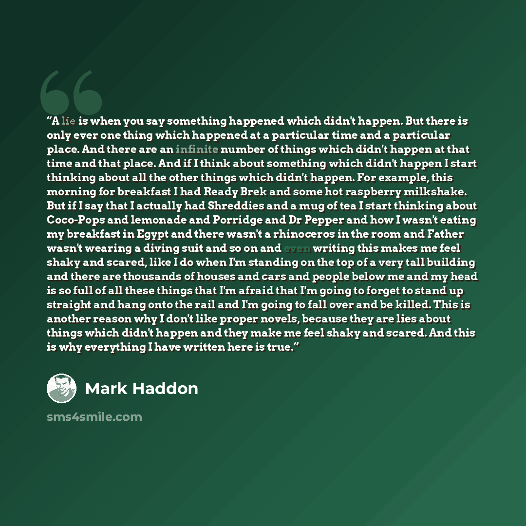 “A lie is when you say something happened which didn't happen. But there is only ever one thing which happened at a particular time and a particular place. And there are an infinite number of things which didn't happen at that time and that place. And if I think about something which didn't happen…” quote by Mark Haddon