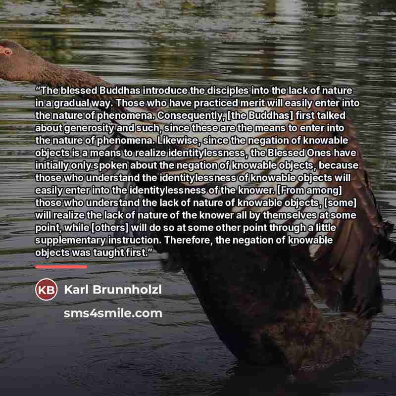 “The blessed Buddhas introduce the disciples into the lack of nature in a gradual way. Those who have practiced merit will easily enter into the nature of phenomena. Consequently, [the Buddhas] first talked about generosity and such, since these are the means to enter into the nature of phenomena…” quote by Karl Brunnholzl