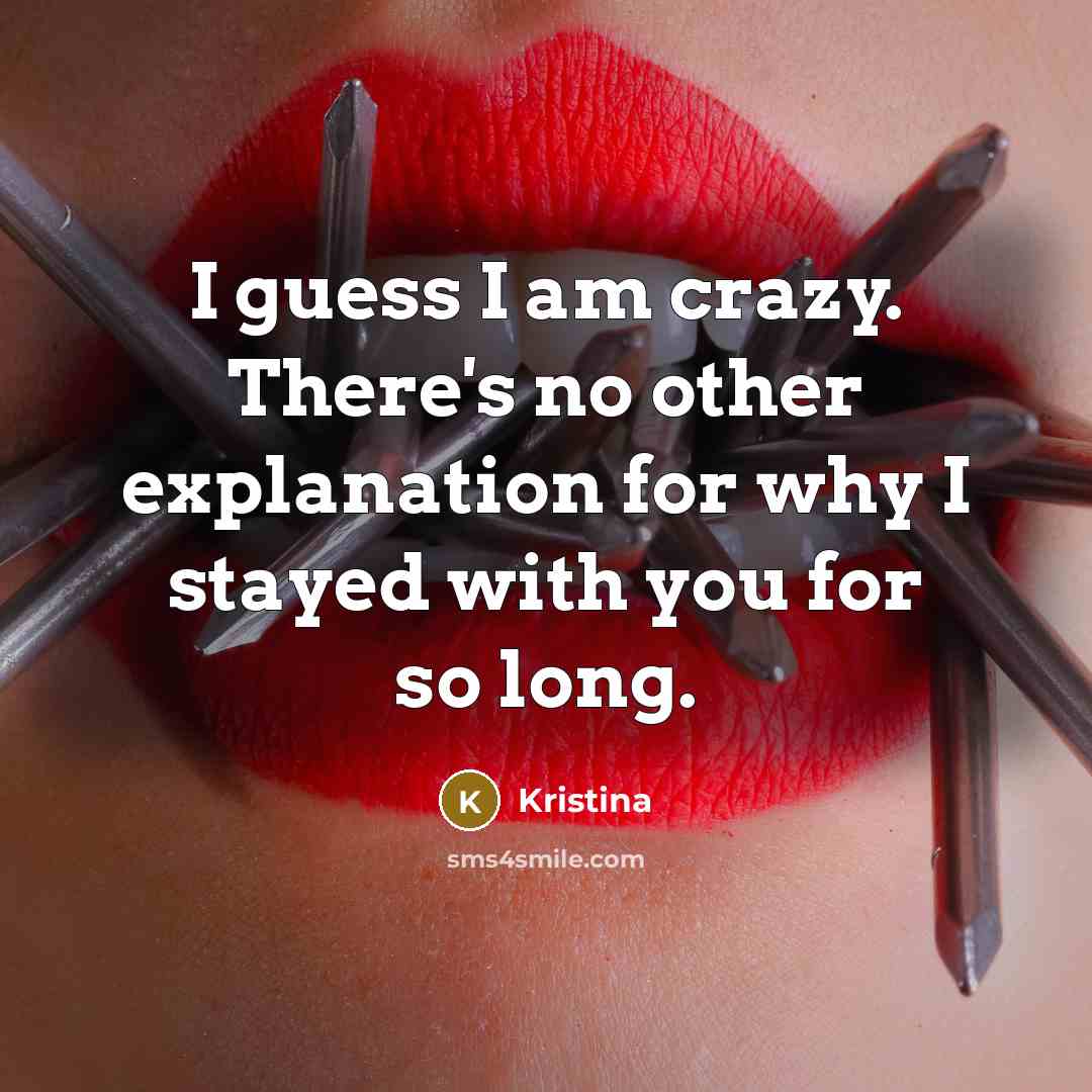 “I guess I am crazy. There's no other explanation for why I stayed with you for so long.” quote by Kristina