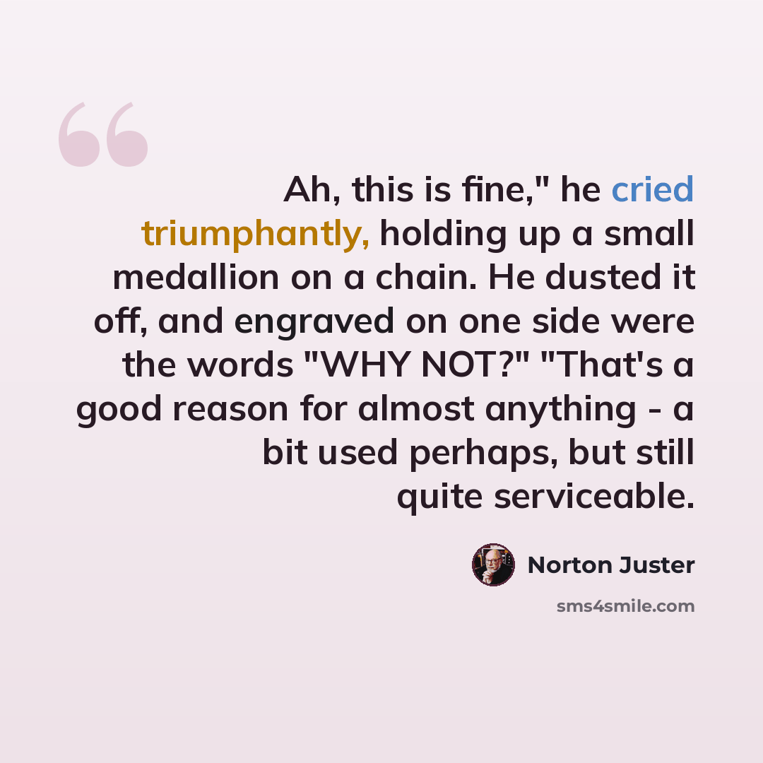 “Ah, this is fine," he cried triumphantly, holding up a small medallion on a chain. He dusted it off, and engraved on one side were the words "WHY NOT?" "That's a good reason for almost anything - a bit used perhaps, but still quite serviceable.” quote by Norton Juster