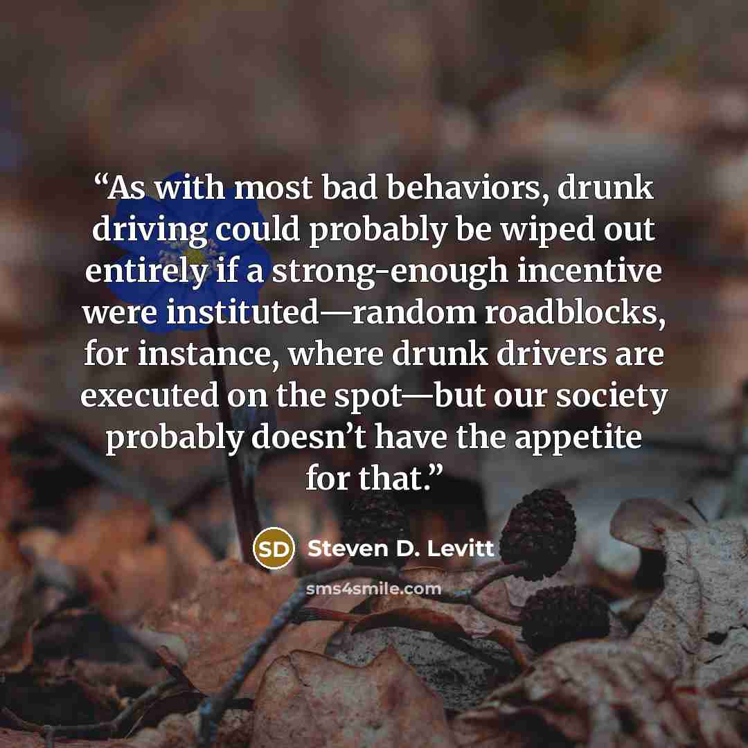 “As with most bad behaviors, drunk driving could probably be wiped out entirely if a strong-enough incentive were instituted—random roadblocks, for instance, where drunk drivers are executed on the spot—but our society probably doesn’t have the appetite for that.” quote by Steven D. Levitt