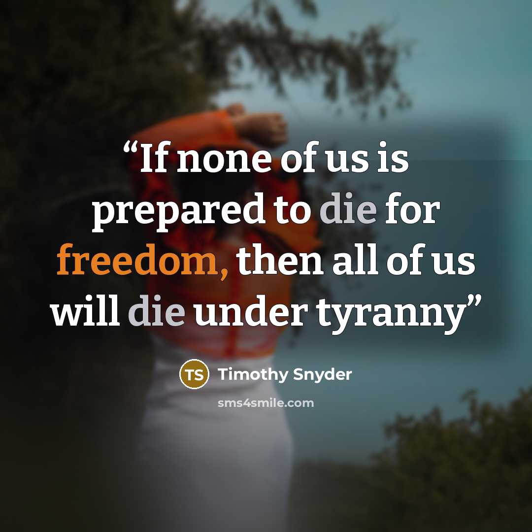 “If none of us is prepared to die for freedom, then all of us will die under tyranny” quote by Timothy Snyder