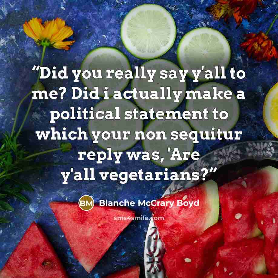 “Did you really say y'all to me? Did i actually make a political statement to which your non sequitur reply was, 'Are y'all vegetarians?” quote by Blanche McCrary Boyd