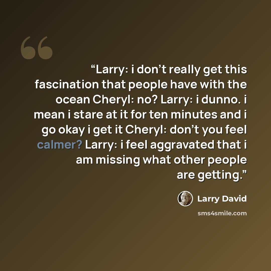 “Larry: i don’t really get this fascination that people have with the ocean Cheryl: no? Larry: i dunno. i mean i stare at it for ten minutes and i go okay i get it Cheryl: don’t you feel calmer? Larry: i feel aggravated that i am missing what other people are getting.” quote by Larry David