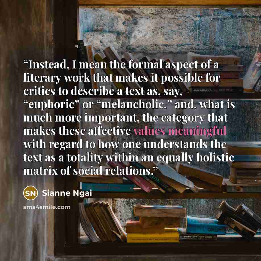 “Instead, I mean the formal aspect of a literary work that makes it possible for critics to describe a text as, say, “euphoric” or “melancholic,” and, what is much more important, the category that makes these affective values meaningful with regard to how one understands the text as a totality…” quote by Sianne Ngai