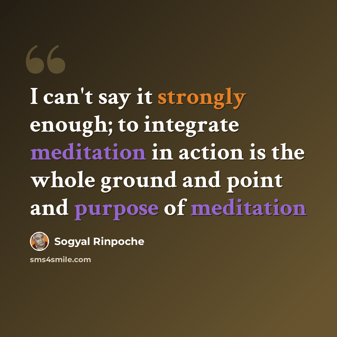 “I can't say it strongly enough; to integrate meditation in action is the whole ground and point and purpose of meditation” quote by Sogyal Rinpoche