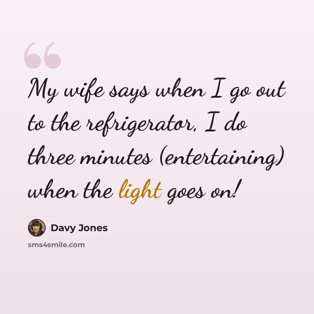 “My wife says when I go out to the refrigerator, I do three minutes (entertaining) when the light goes on!” quote by Davy Jones