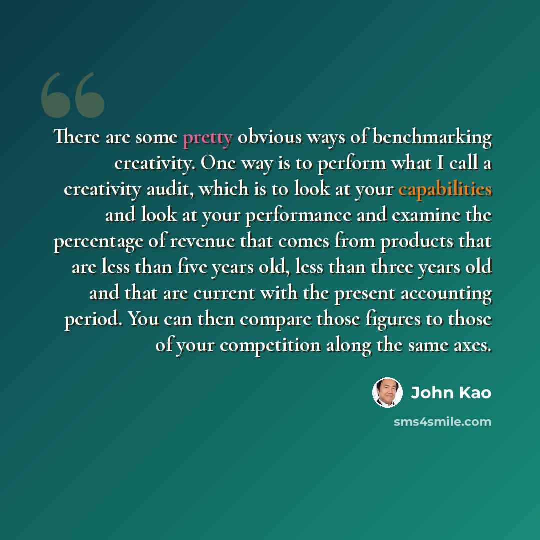 “There are some pretty obvious ways of benchmarking creativity. One way is to perform what I call a creativity audit, which is to look at your capabilities and look at your performance and examine the percentage of revenue that comes from products that are less than five years old, less than three…” quote by John Kao
