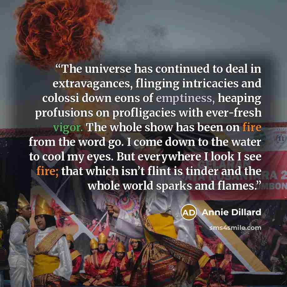 “The universe has continued to deal in extravagances, flinging intricacies and colossi down eons of emptiness, heaping profusions on profligacies with ever-fresh vigor. The whole show has been on fire from the word go. I come down to the water to cool my eyes. But everywhere I look I see fire; that…” quote by Annie Dillard