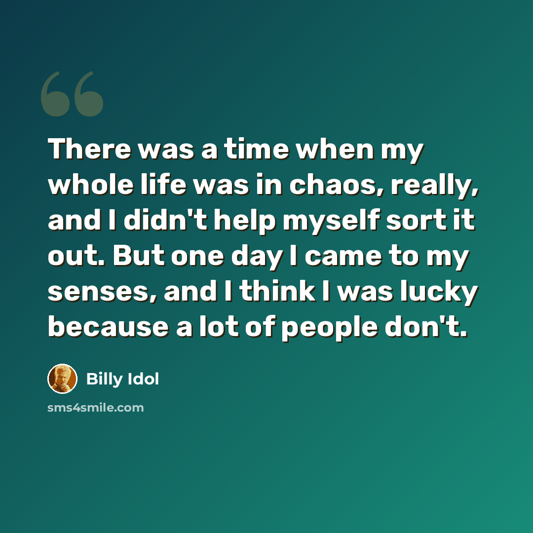 “There was a time when my whole life was in chaos, really, and I didn't help myself sort it out. But one day I came to my senses, and I think I was lucky because a lot of people don't.” quote by Billy Idol