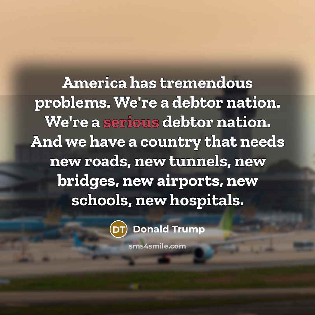 “America has tremendous problems. We're a debtor nation. We're a serious debtor nation. And we have a country that needs new roads, new tunnels, new bridges, new airports, new schools, new hospitals.” quote by Donald Trump