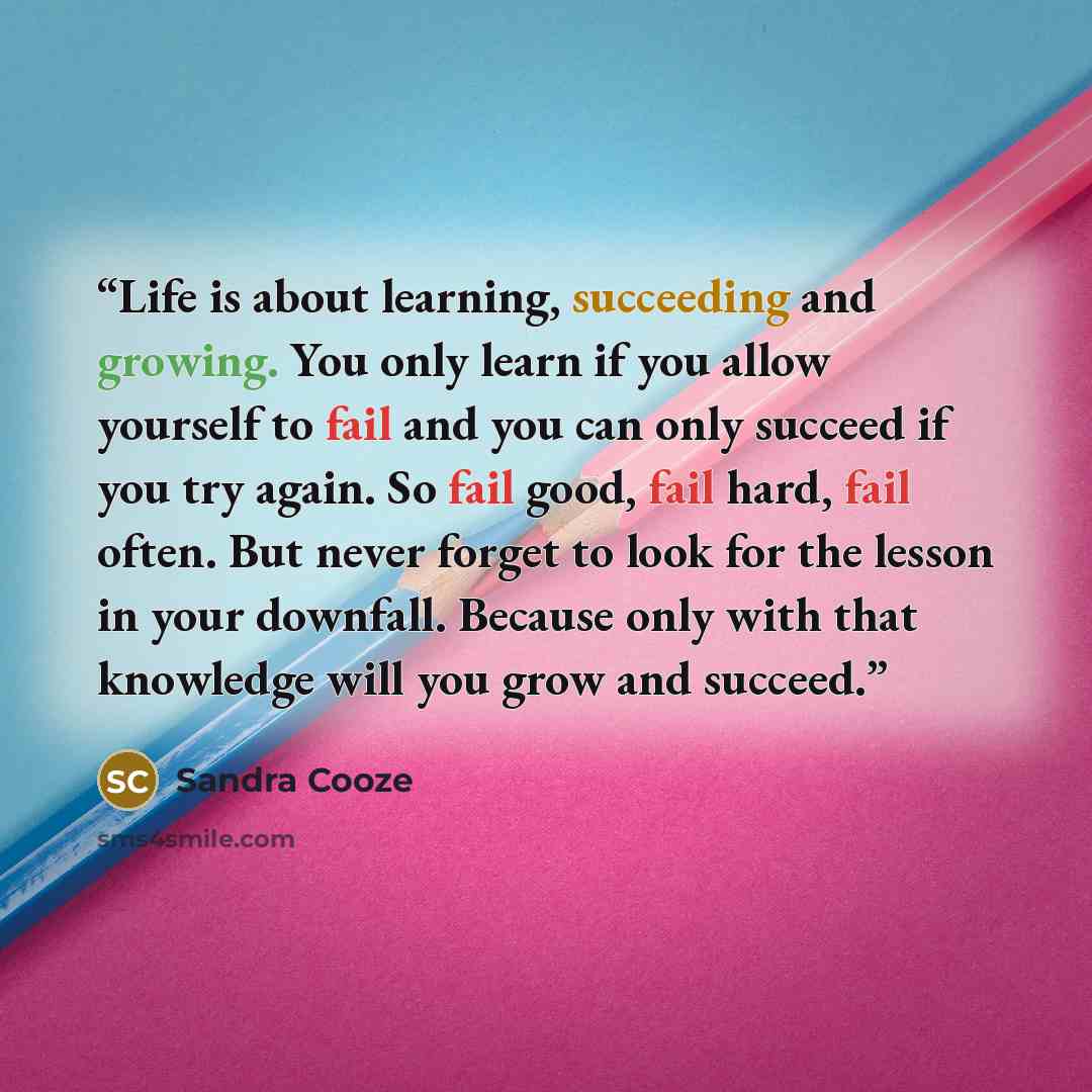 “Life is about learning, succeeding and growing. You only learn if you allow yourself to fail and you can only succeed if you try again. So fail good, fail hard, fail often. But never forget to look for the lesson in your downfall. Because only with that knowledge will you grow and succeed.” quote by Sandra Cooze