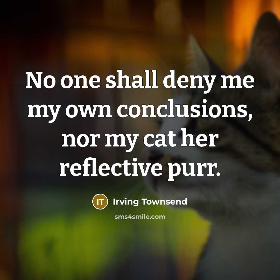 “No one shall deny me my own conclusions, nor my cat her reflective purr.” quote by Irving Townsend