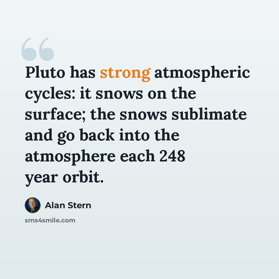 “Pluto has strong atmospheric cycles: it snows on the surface; the snows sublimate and go back into the atmosphere each 248 year orbit.” quote by Alan Stern