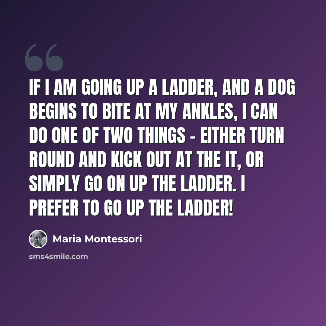 “If I am going up a ladder, and a dog begins to bite at my ankles, I can do one of two things - either turn round and kick out at the it, or simply go on up the ladder. I prefer to go up the ladder!” quote by Maria Montessori