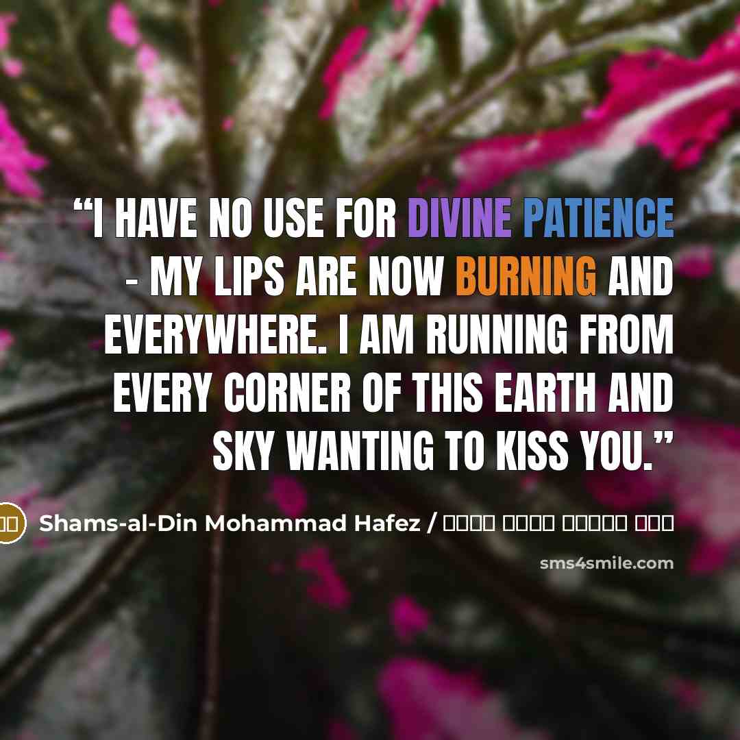 “I have no use for divine patience - My lips are now burning and everywhere. I am running from every corner of this earth and sky Wanting to kiss you.” quote by شمس الدین محمد حافظ / Shams-al-Din Mohammad Hafez