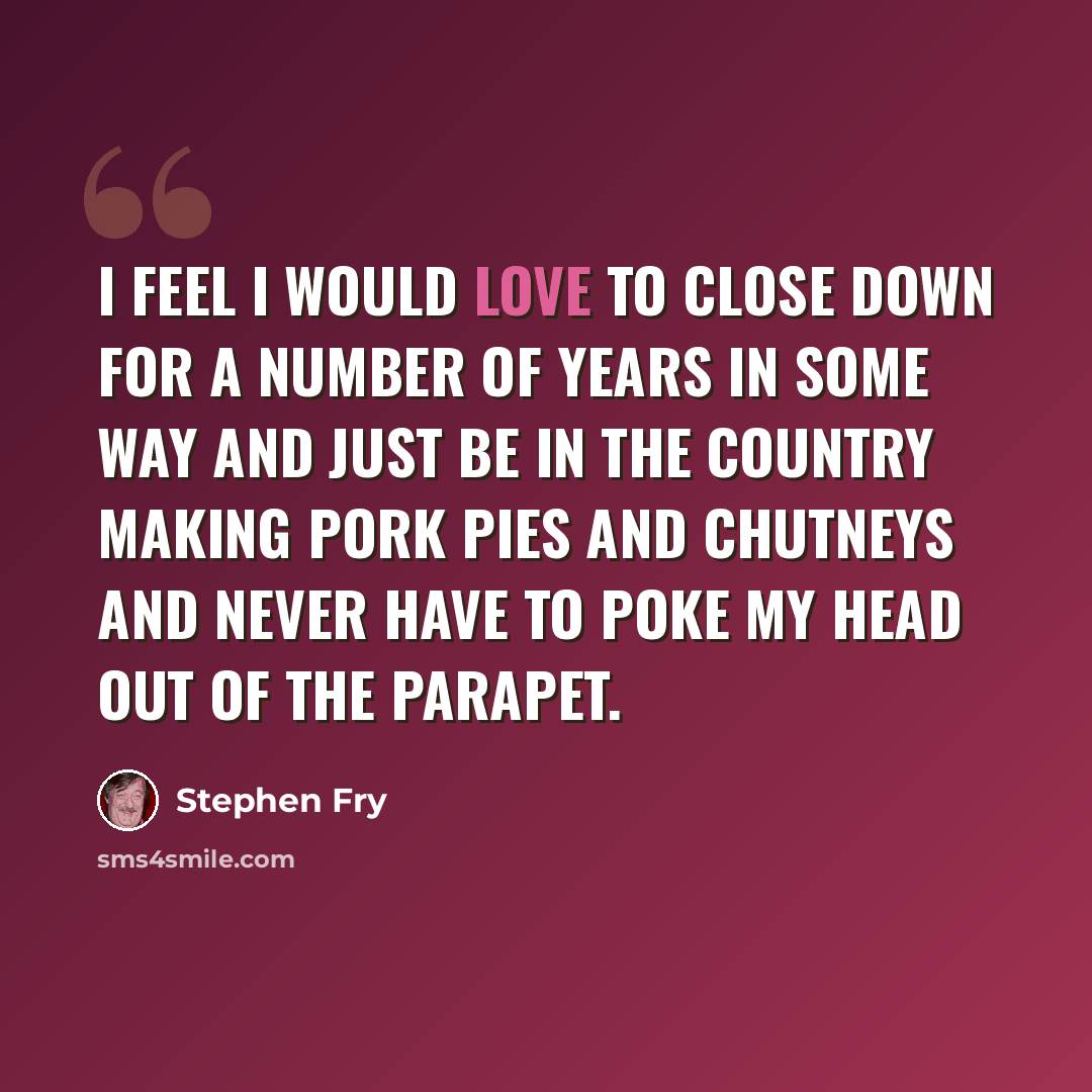 “I feel I would love to close down for a number of years in some way and just be in the country making pork pies and chutneys and never have to poke my head out of the parapet.” quote by Stephen Fry