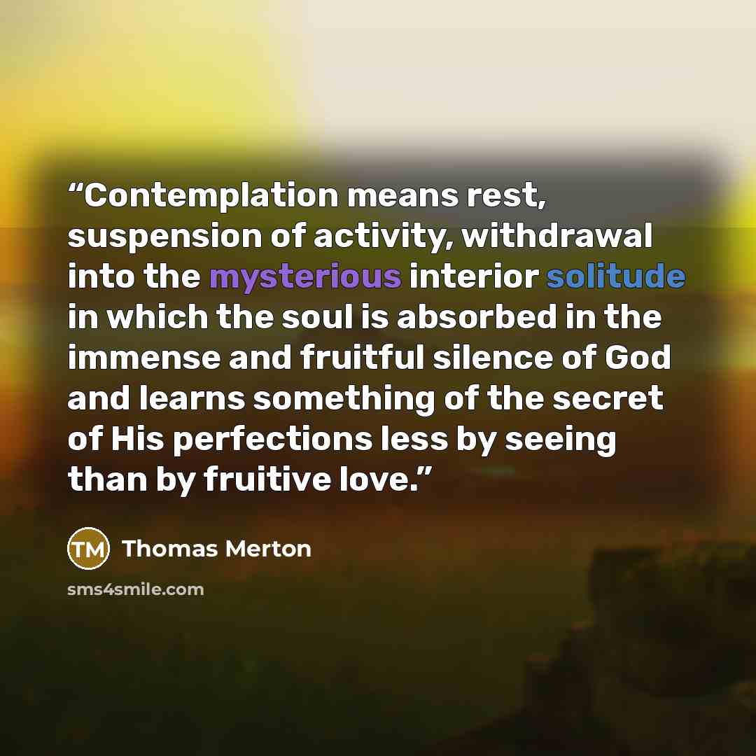 “Contemplation means rest, suspension of activity, withdrawal into the mysterious interior solitude in which the soul is absorbed in the immense and fruitful silence of God and learns something of the secret of His perfections less by seeing than by fruitive love.” quote by Thomas Merton