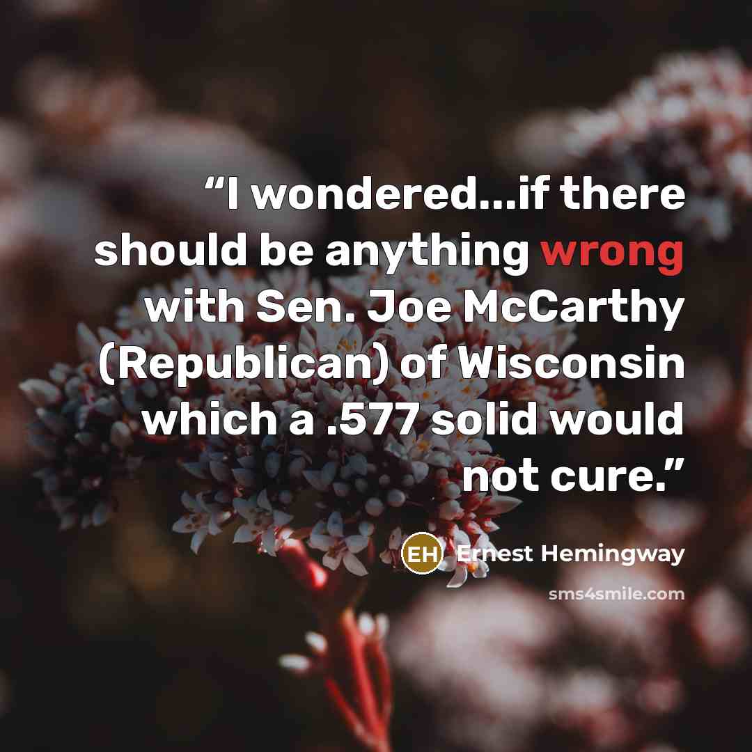 “I wondered...if there should be anything wrong with Sen. Joe McCarthy (Republican) of Wisconsin which a .577 solid would not cure.” quote by Ernest Hemingway
