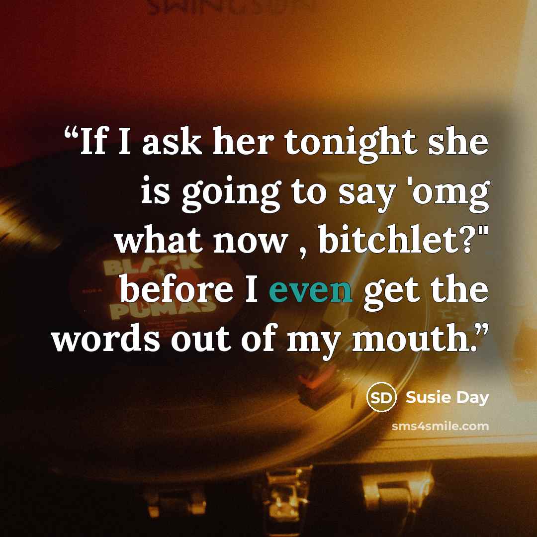 “If I ask her tonight she is going to say 'omg what now , bitchlet?" before I even get the words out of my mouth.” quote by Susie Day