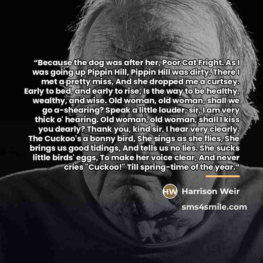 “Because the dog was after her, Poor Cat Fright. As I was going up Pippin Hill, Pippin Hill was dirty, There I met a pretty miss, And she dropped me a curtsey. Early to bed, and early to rise, Is the way to be healthy, wealthy, and wise. Old woman, old woman, shall we go a-shearing? Speak a little…” quote by Harrison Weir
