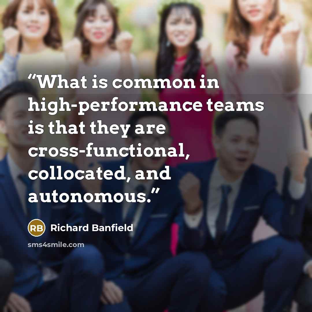 “What is common in high-performance teams is that they are cross-functional, collocated, and autonomous.” quote by Richard Banfield
