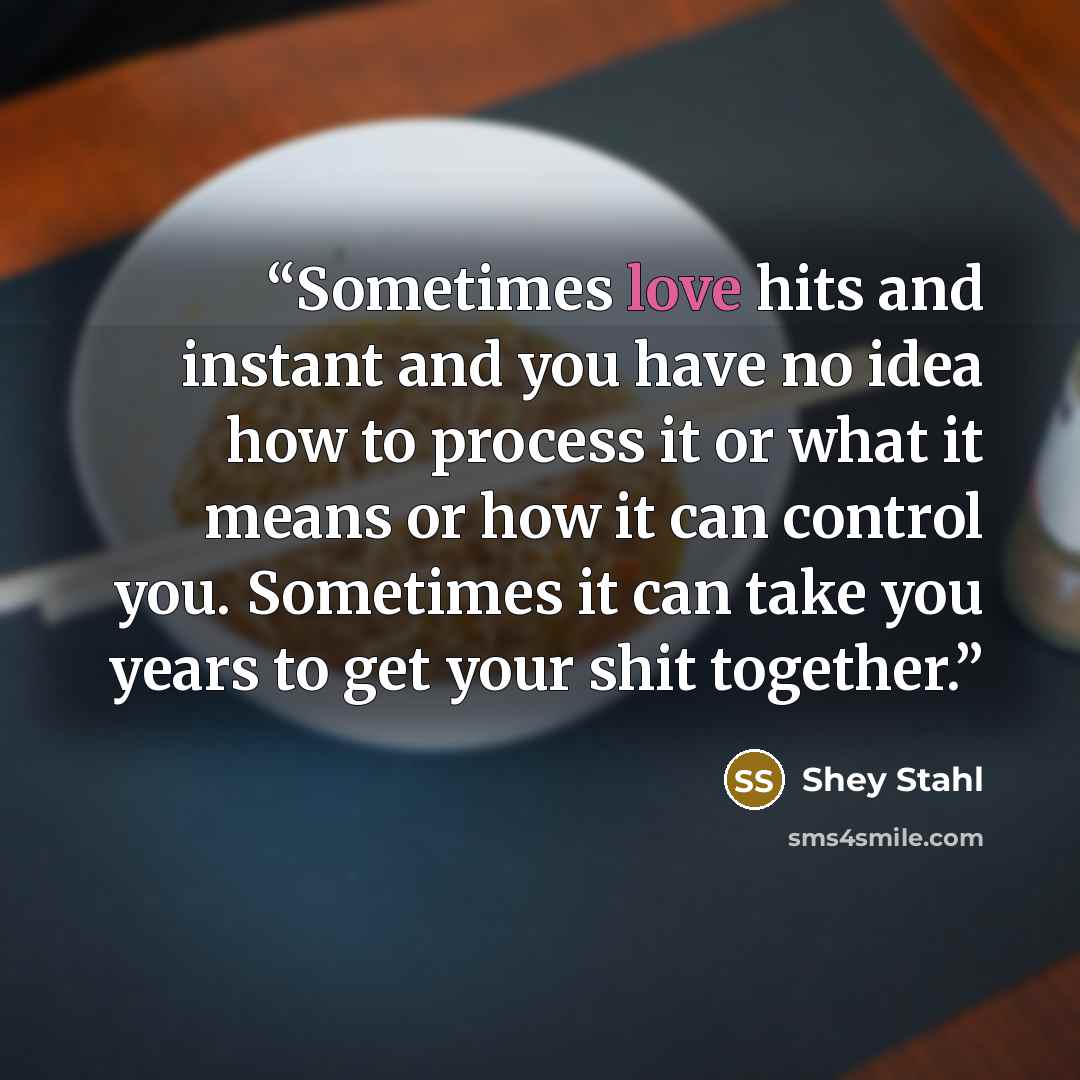 “Sometimes love hits and instant and you have no idea how to process it or what it means or how it can control you. Sometimes it can take you years to get your shit together.” quote by Shey Stahl