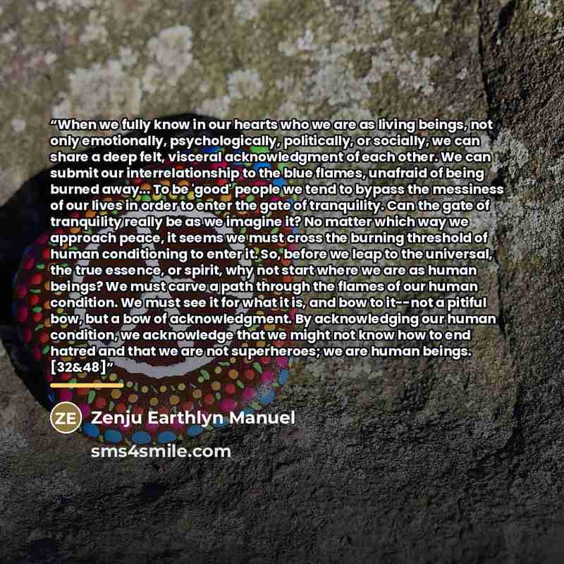 “When we fully know in our hearts who we are as living beings, not only emotionally, psychologically, politically, or socially, we can share a deep felt, visceral acknowledgment of each other. We can submit our interrelationship to the blue flames, unafraid of being burned away... To be 'good'…” quote by Zenju Earthlyn Manuel