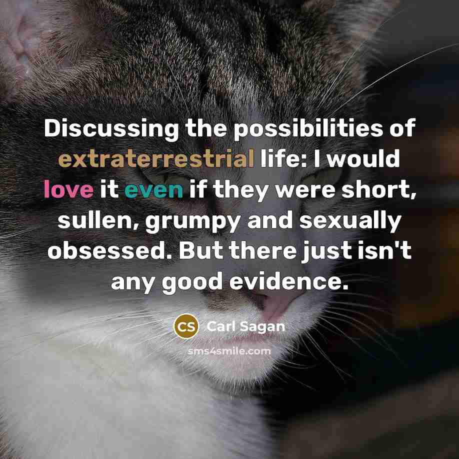 “Discussing the possibilities of extraterrestrial life: I would love it even if they were short, sullen, grumpy and sexually obsessed. But there just isn't any good evidence.” quote by Carl Sagan