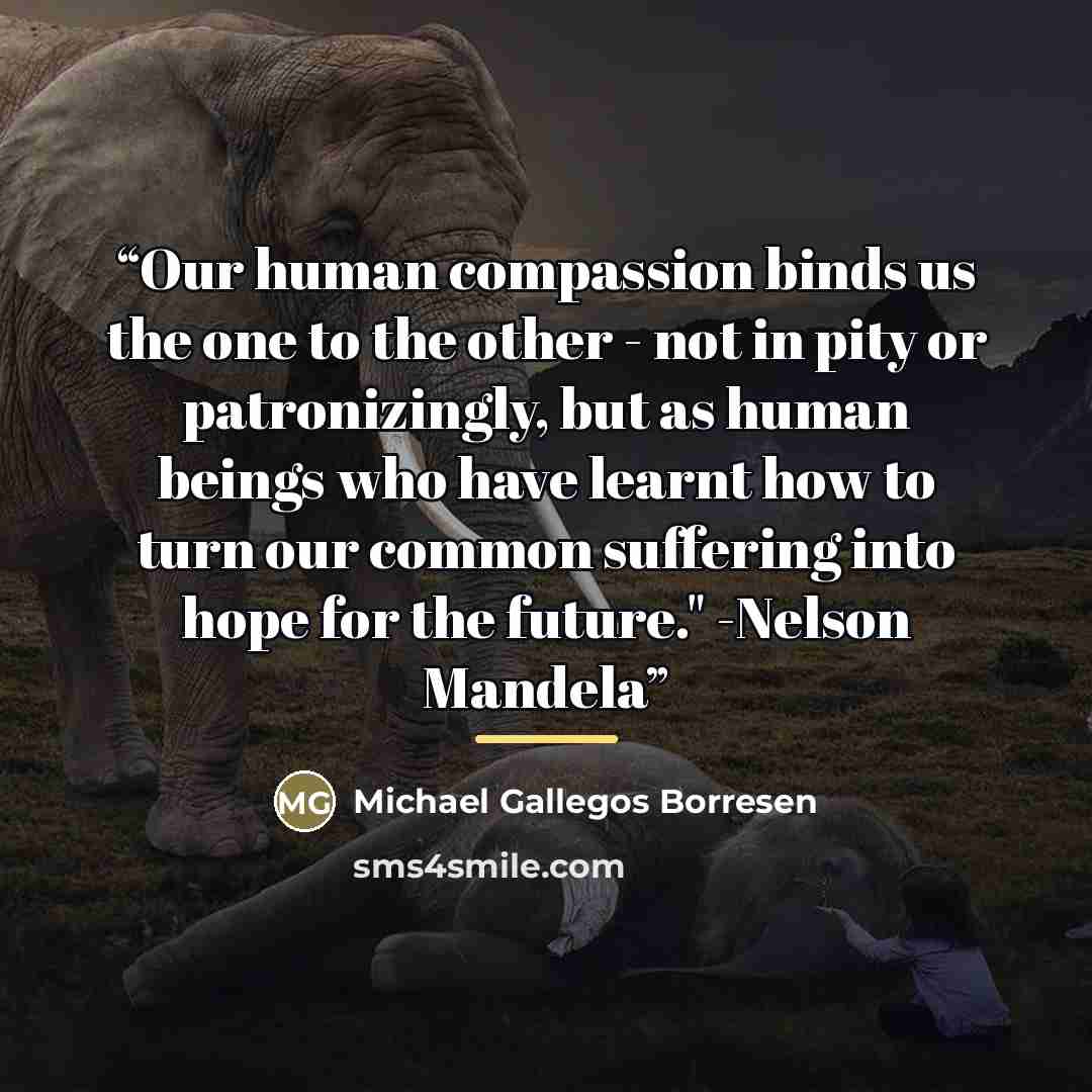 “Our human compassion binds us the one to the other - not in pity or patronizingly, but as human beings who have learnt how to turn our common suffering into hope for the future." -Nelson Mandela” quote by Michael Gallegos Borresen