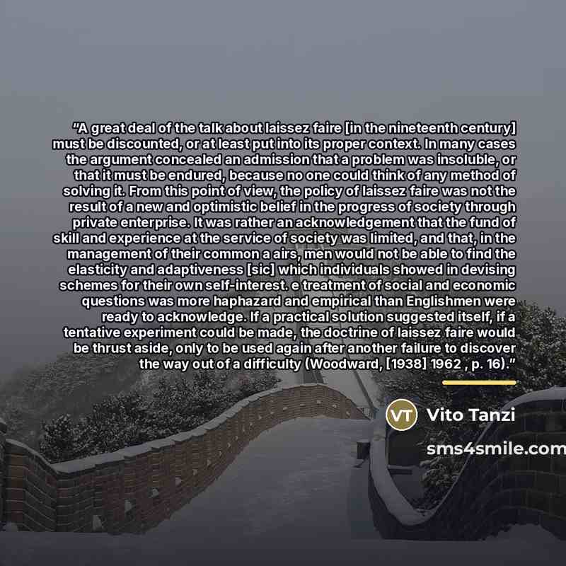 “A great deal of the talk about laissez faire [in the nineteenth century] must be discounted, or at least put into its proper context. In many cases the argument concealed an admission that a problem was insoluble, or that it must be endured, because no one could think of any method of solving it…” quote by Vito Tanzi